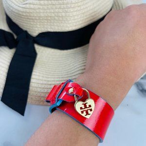 [SOLD] Tory Burch Alden Leather Heart-Lock Cuff Bracelet in Red/Blue